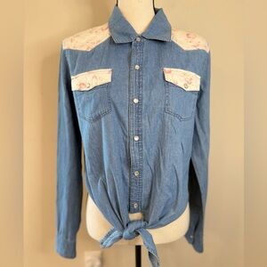 Twisted Angles western denim floral crop top SZ LG